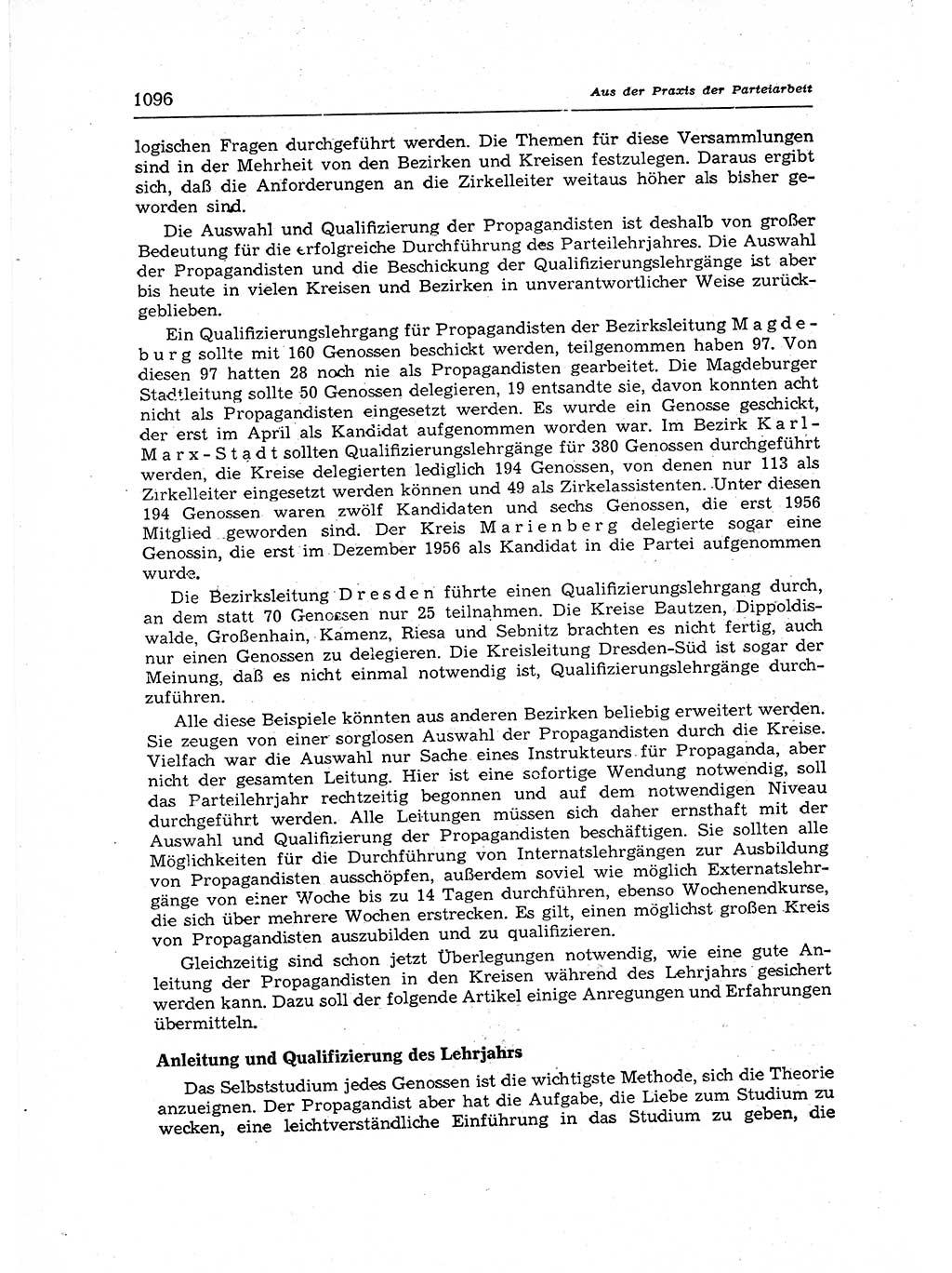 Neuer Weg (NW), Organ des Zentralkomitees (ZK) der SED (Sozialistische Einheitspartei Deutschlands) für Fragen des Parteiaufbaus und des Parteilebens, 12. Jahrgang [Deutsche Demokratische Republik (DDR)] 1957, Seite 1096 (NW ZK SED DDR 1957, S. 1096)