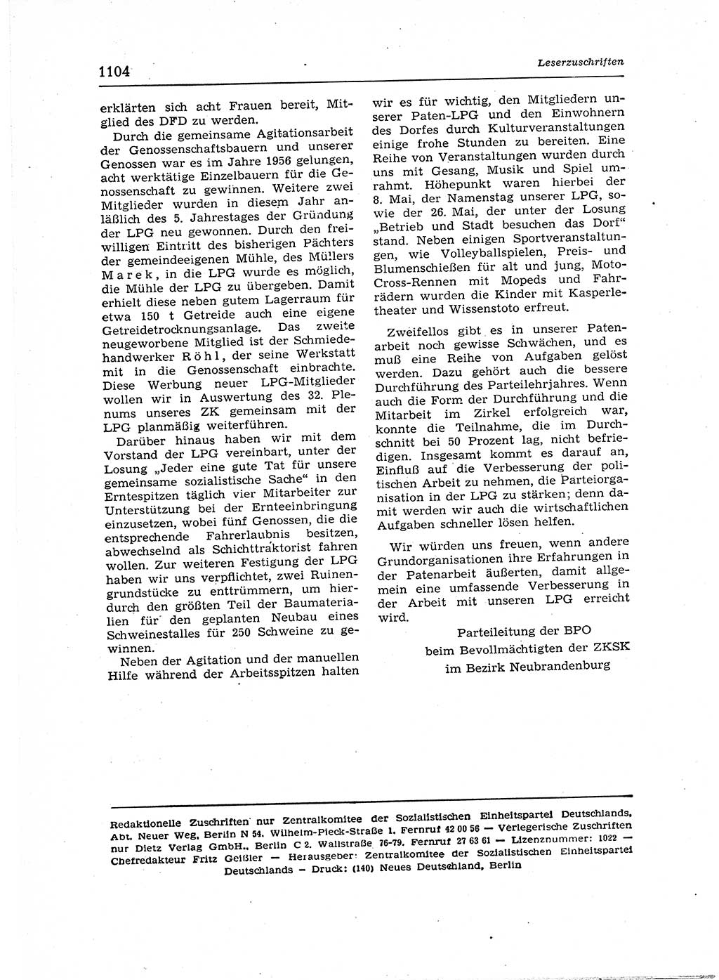 Neuer Weg (NW), Organ des Zentralkomitees (ZK) der SED (Sozialistische Einheitspartei Deutschlands) für Fragen des Parteiaufbaus und des Parteilebens, 12. Jahrgang [Deutsche Demokratische Republik (DDR)] 1957, Seite 1104 (NW ZK SED DDR 1957, S. 1104)