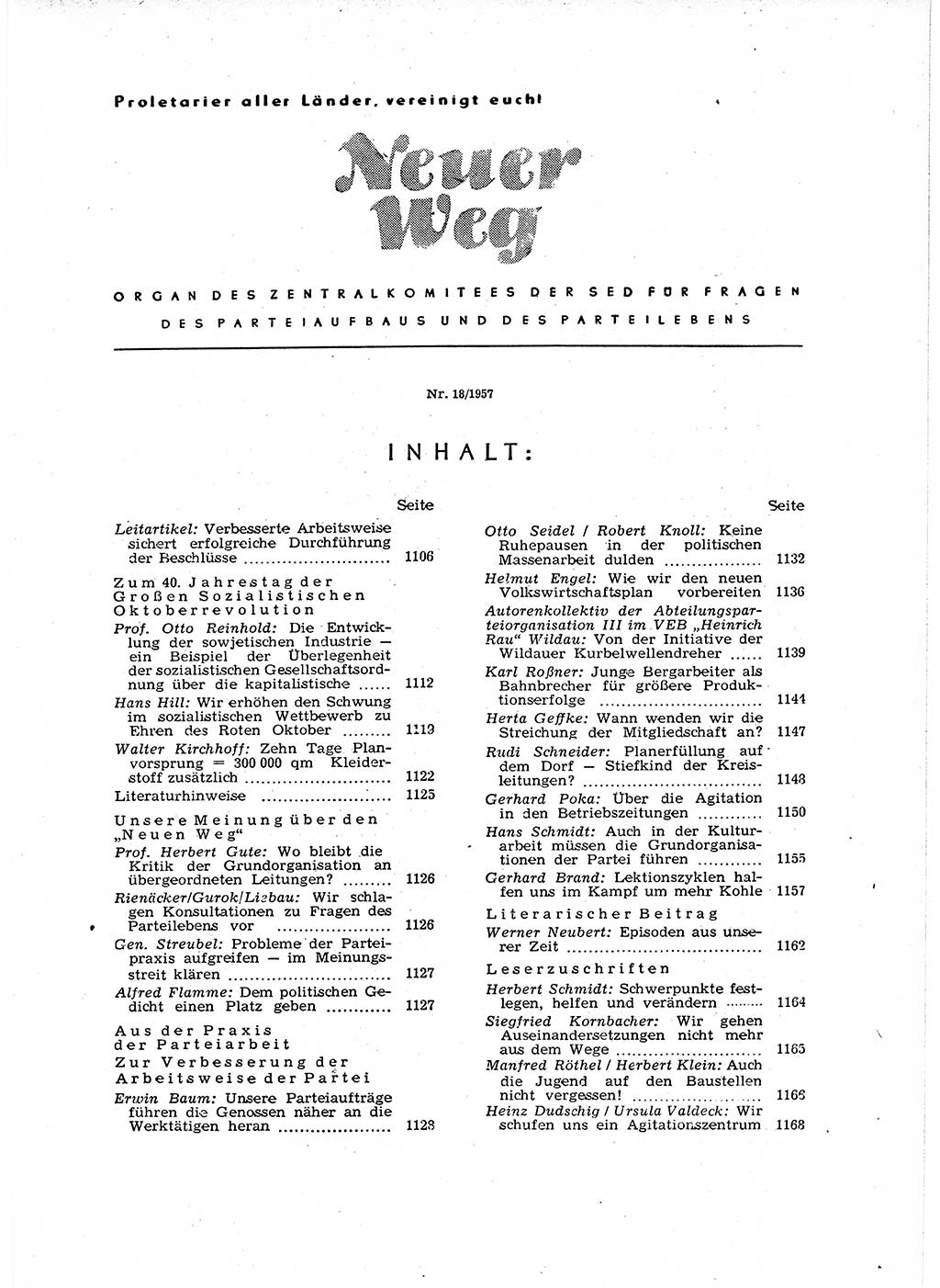 Neuer Weg (NW), Organ des Zentralkomitees (ZK) der SED (Sozialistische Einheitspartei Deutschlands) für Fragen des Parteiaufbaus und des Parteilebens, 12. Jahrgang [Deutsche Demokratische Republik (DDR)] 1957, Seite 1105 (NW ZK SED DDR 1957, S. 1105)