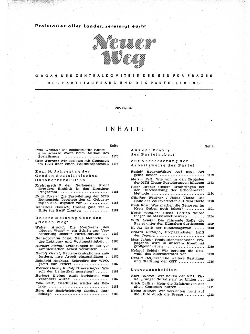 Neuer Weg (NW), Organ des Zentralkomitees (ZK) der SED (Sozialistische Einheitspartei Deutschlands) für Fragen des Parteiaufbaus und des Parteilebens, 12. Jahrgang [Deutsche Demokratische Republik (DDR)] 1957, Seite 1169 (NW ZK SED DDR 1957, S. 1169)