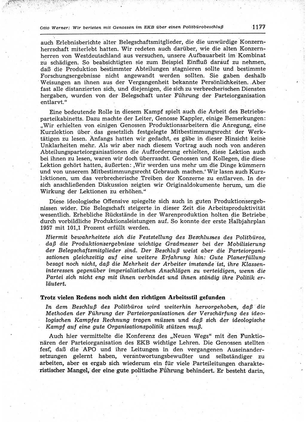 Neuer Weg (NW), Organ des Zentralkomitees (ZK) der SED (Sozialistische Einheitspartei Deutschlands) für Fragen des Parteiaufbaus und des Parteilebens, 12. Jahrgang [Deutsche Demokratische Republik (DDR)] 1957, Seite 1177 (NW ZK SED DDR 1957, S. 1177)