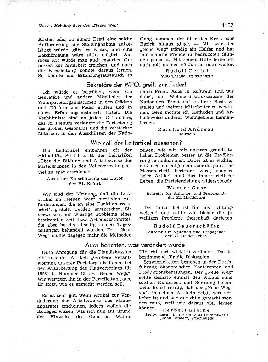 Neuer Weg (NW), Organ des Zentralkomitees (ZK) der SED (Sozialistische Einheitspartei Deutschlands) für Fragen des Parteiaufbaus und des Parteilebens, 12. Jahrgang [Deutsche Demokratische Republik (DDR)] 1957, Seite 1187 (NW ZK SED DDR 1957, S. 1187)