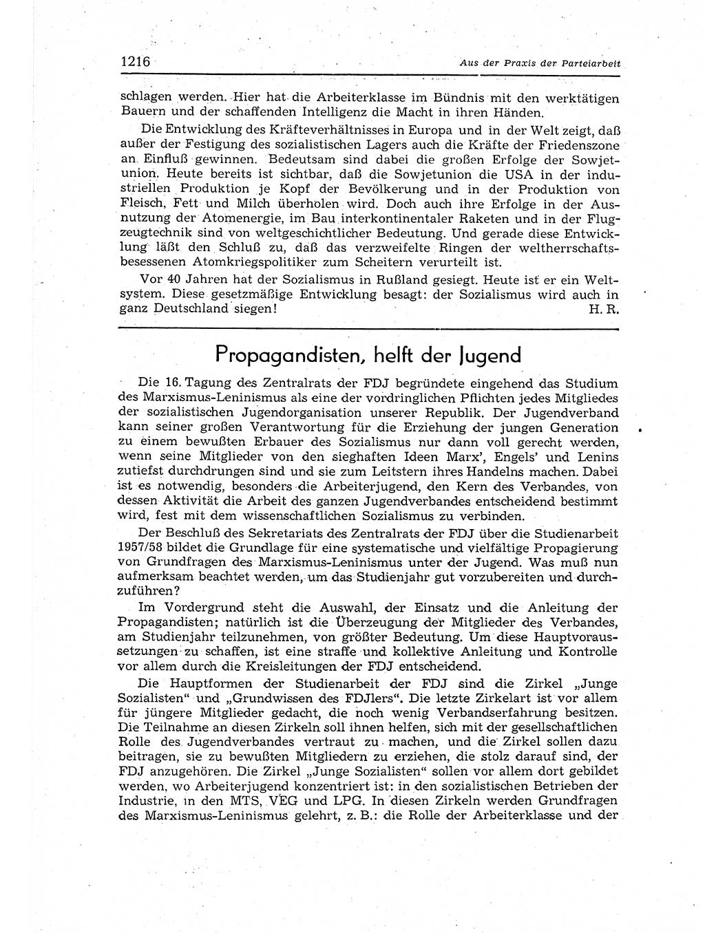 Neuer Weg (NW), Organ des Zentralkomitees (ZK) der SED (Sozialistische Einheitspartei Deutschlands) für Fragen des Parteiaufbaus und des Parteilebens, 12. Jahrgang [Deutsche Demokratische Republik (DDR)] 1957, Seite 1216 (NW ZK SED DDR 1957, S. 1216)