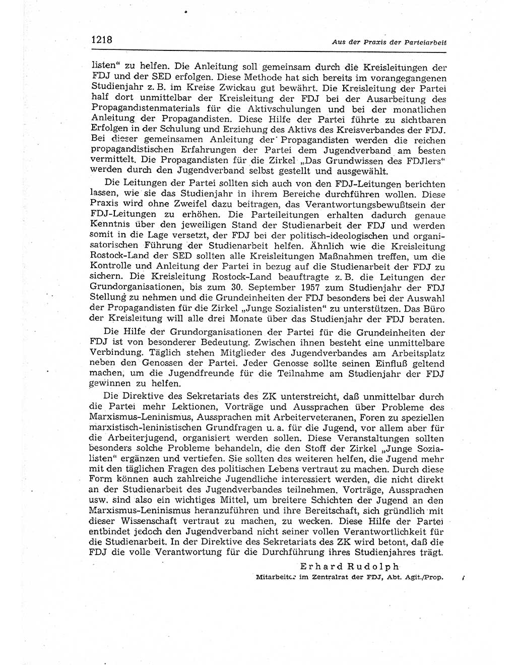 Neuer Weg (NW), Organ des Zentralkomitees (ZK) der SED (Sozialistische Einheitspartei Deutschlands) für Fragen des Parteiaufbaus und des Parteilebens, 12. Jahrgang [Deutsche Demokratische Republik (DDR)] 1957, Seite 1218 (NW ZK SED DDR 1957, S. 1218)