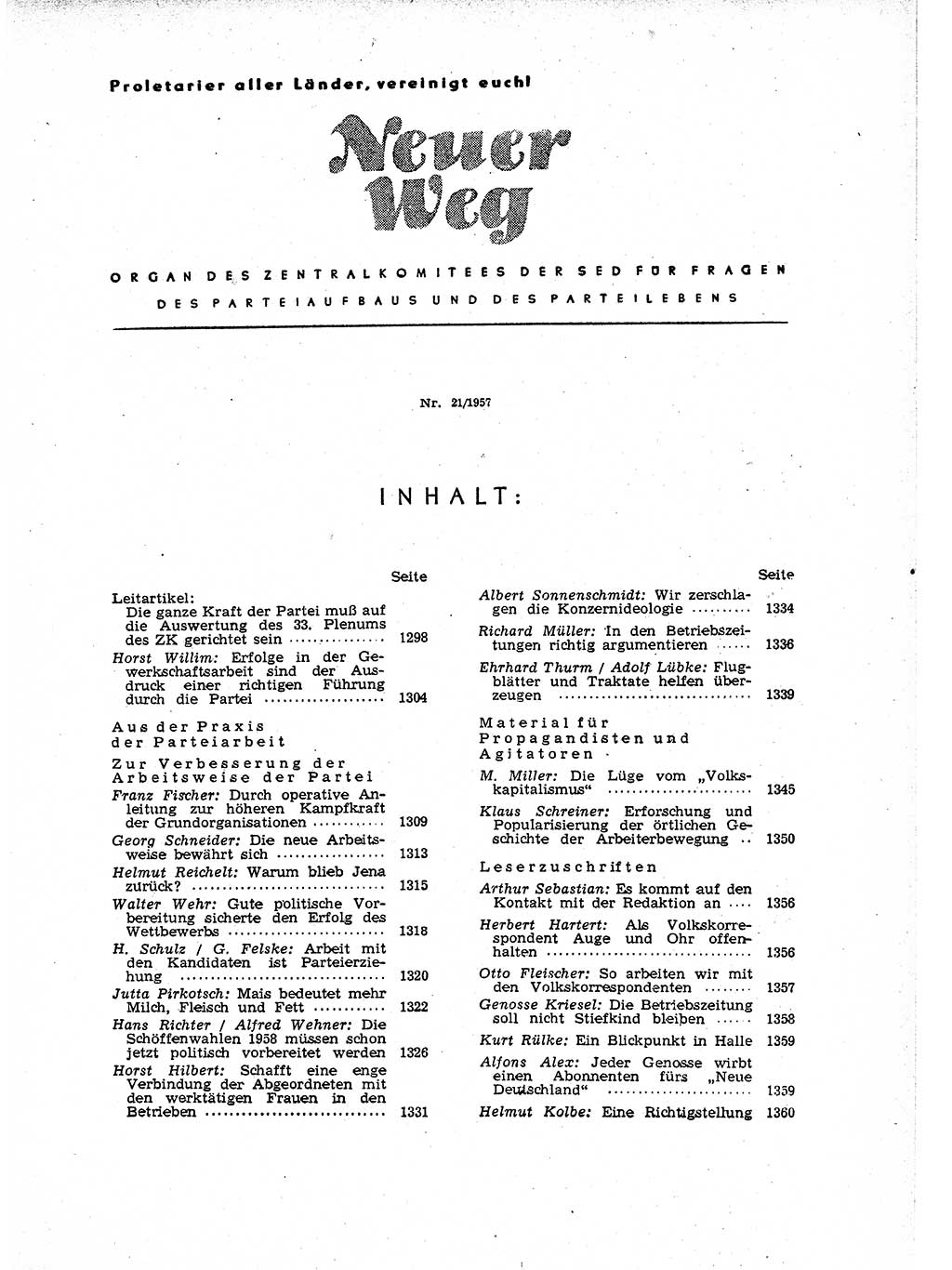 Neuer Weg (NW), Organ des Zentralkomitees (ZK) der SED (Sozialistische Einheitspartei Deutschlands) für Fragen des Parteiaufbaus und des Parteilebens, 12. Jahrgang [Deutsche Demokratische Republik (DDR)] 1957, Seite 1297 (NW ZK SED DDR 1957, S. 1297)