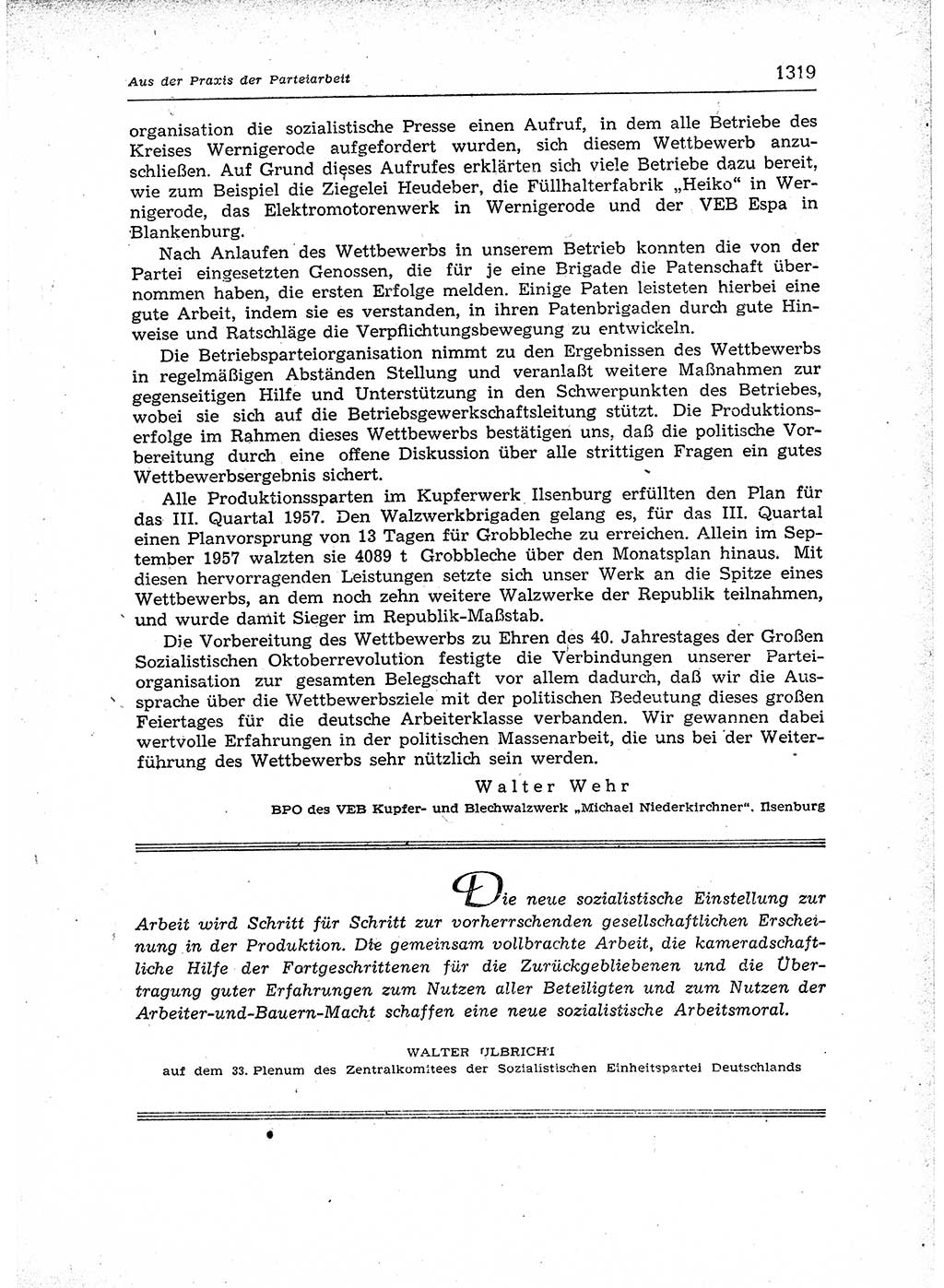Neuer Weg (NW), Organ des Zentralkomitees (ZK) der SED (Sozialistische Einheitspartei Deutschlands) für Fragen des Parteiaufbaus und des Parteilebens, 12. Jahrgang [Deutsche Demokratische Republik (DDR)] 1957, Seite 1319 (NW ZK SED DDR 1957, S. 1319)