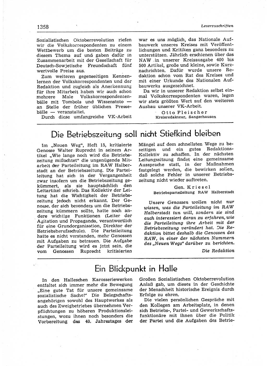 Neuer Weg (NW), Organ des Zentralkomitees (ZK) der SED (Sozialistische Einheitspartei Deutschlands) für Fragen des Parteiaufbaus und des Parteilebens, 12. Jahrgang [Deutsche Demokratische Republik (DDR)] 1957, Seite 1358 (NW ZK SED DDR 1957, S. 1358)