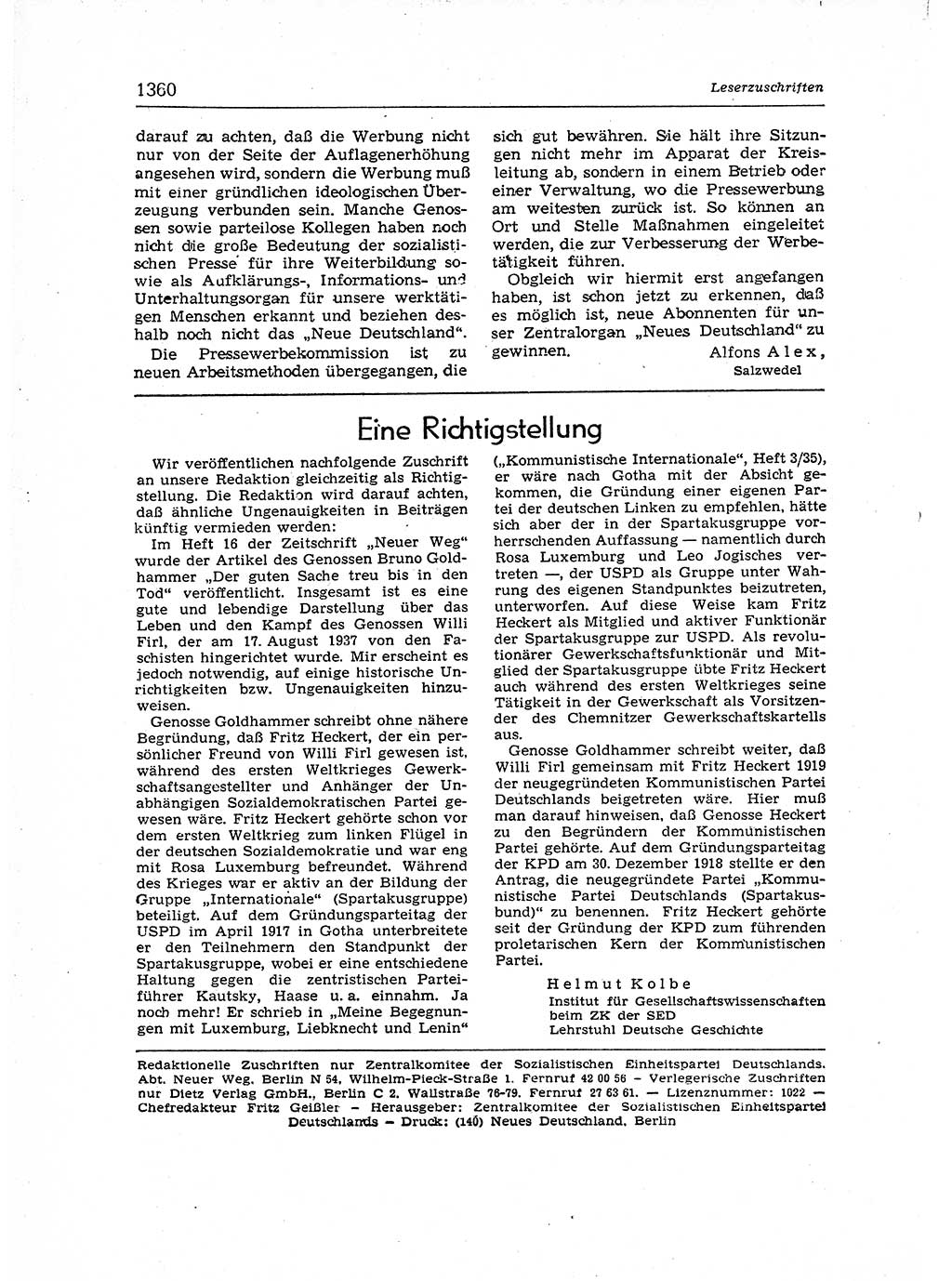 Neuer Weg (NW), Organ des Zentralkomitees (ZK) der SED (Sozialistische Einheitspartei Deutschlands) für Fragen des Parteiaufbaus und des Parteilebens, 12. Jahrgang [Deutsche Demokratische Republik (DDR)] 1957, Seite 1360 (NW ZK SED DDR 1957, S. 1360)