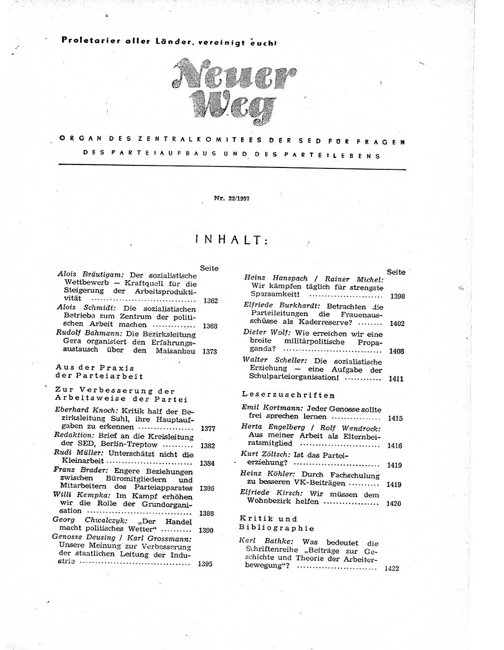 Neuer Weg (NW), Organ des Zentralkomitees (ZK) der SED (Sozialistische Einheitspartei Deutschlands) für Fragen des Parteiaufbaus und des Parteilebens, 12. Jahrgang [Deutsche Demokratische Republik (DDR)] 1957, Seite 1361 (NW ZK SED DDR 1957, S. 1361)
