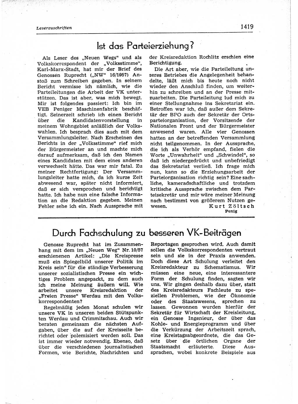 Neuer Weg (NW), Organ des Zentralkomitees (ZK) der SED (Sozialistische Einheitspartei Deutschlands) für Fragen des Parteiaufbaus und des Parteilebens, 12. Jahrgang [Deutsche Demokratische Republik (DDR)] 1957, Seite 1419 (NW ZK SED DDR 1957, S. 1419)
