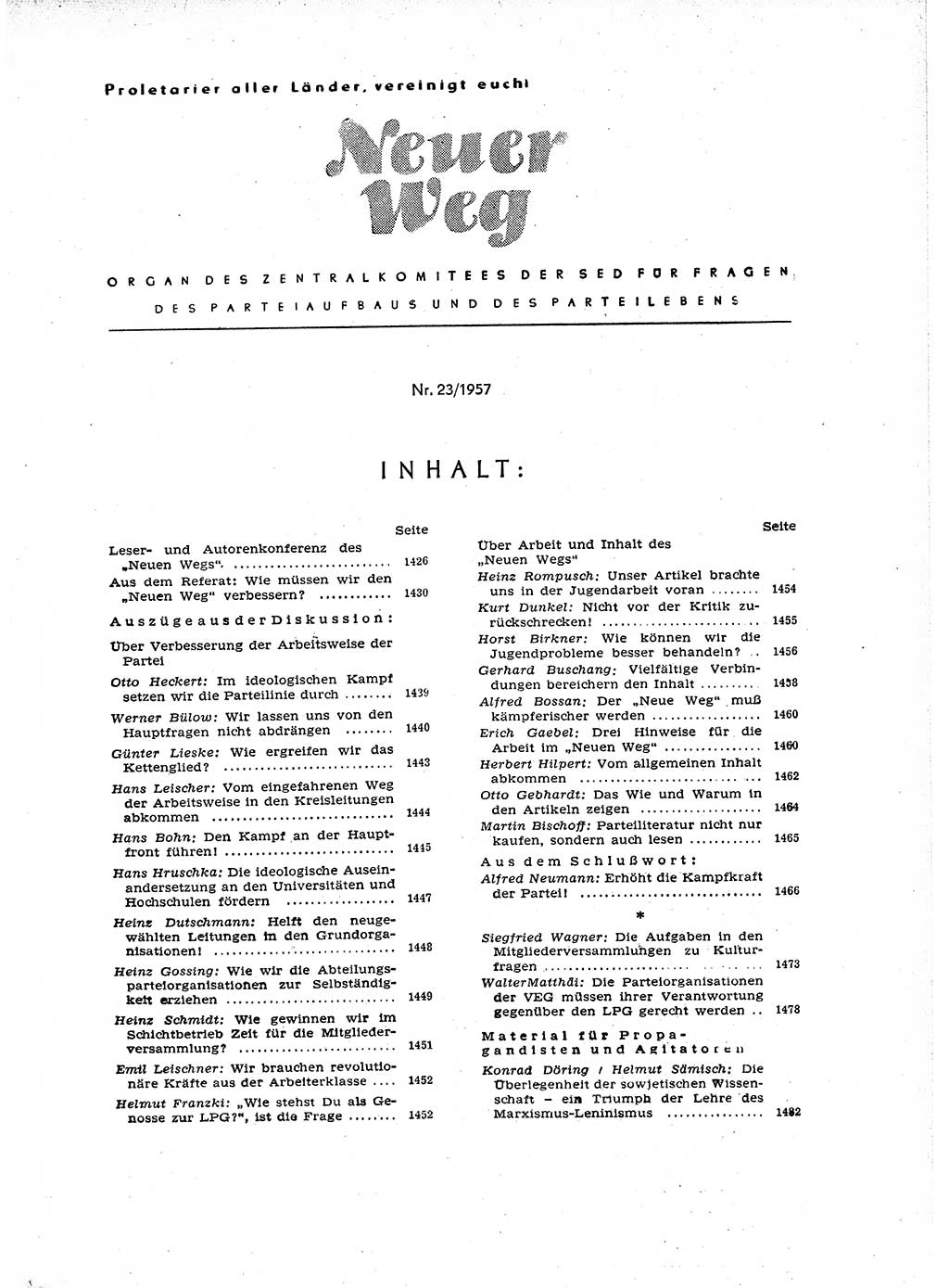 Neuer Weg (NW), Organ des Zentralkomitees (ZK) der SED (Sozialistische Einheitspartei Deutschlands) für Fragen des Parteiaufbaus und des Parteilebens, 12. Jahrgang [Deutsche Demokratische Republik (DDR)] 1957, Seite 1425 (NW ZK SED DDR 1957, S. 1425)
