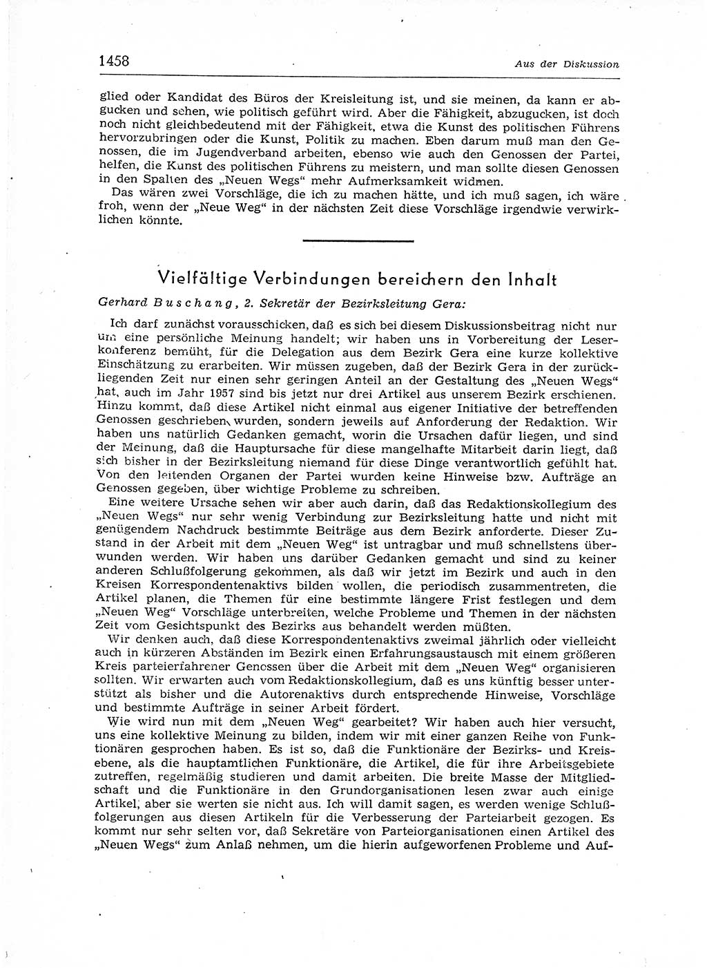 Neuer Weg (NW), Organ des Zentralkomitees (ZK) der SED (Sozialistische Einheitspartei Deutschlands) für Fragen des Parteiaufbaus und des Parteilebens, 12. Jahrgang [Deutsche Demokratische Republik (DDR)] 1957, Seite 1458 (NW ZK SED DDR 1957, S. 1458)