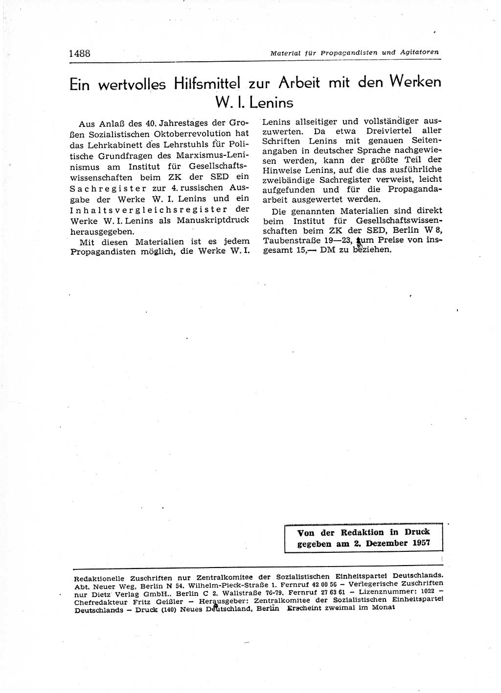 Neuer Weg (NW), Organ des Zentralkomitees (ZK) der SED (Sozialistische Einheitspartei Deutschlands) für Fragen des Parteiaufbaus und des Parteilebens, 12. Jahrgang [Deutsche Demokratische Republik (DDR)] 1957, Seite 1488 (NW ZK SED DDR 1957, S. 1488)
