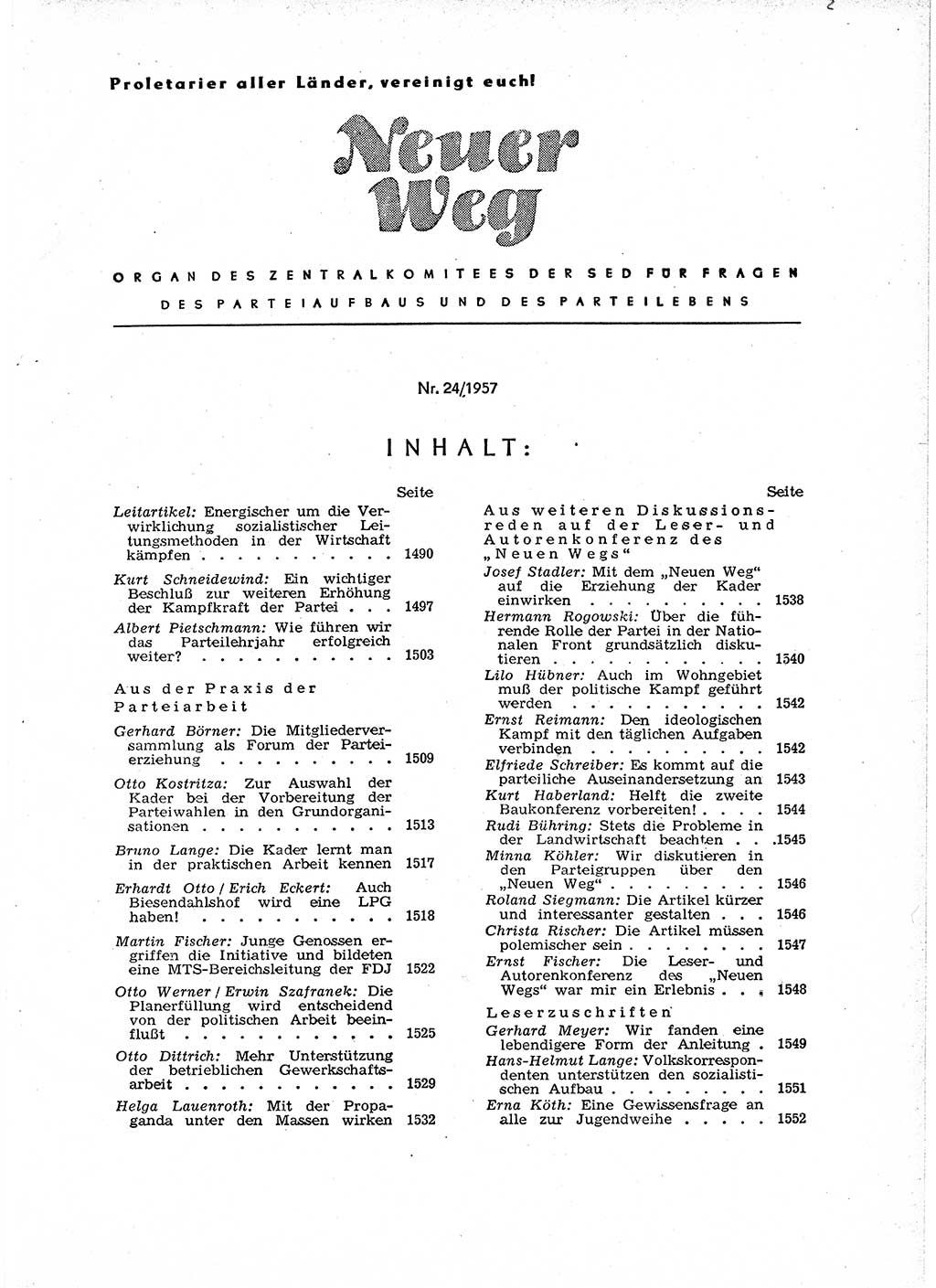 Neuer Weg (NW), Organ des Zentralkomitees (ZK) der SED (Sozialistische Einheitspartei Deutschlands) für Fragen des Parteiaufbaus und des Parteilebens, 12. Jahrgang [Deutsche Demokratische Republik (DDR)] 1957, Seite 1489 (NW ZK SED DDR 1957, S. 1489)
