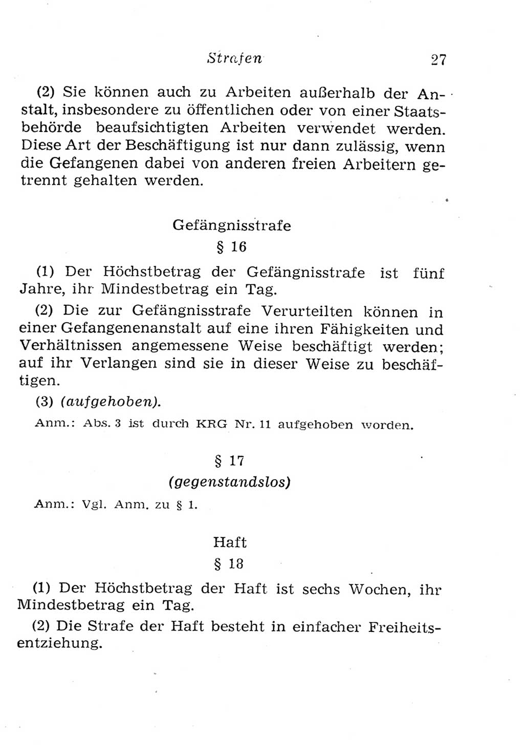 Strafgesetzbuch (StGB) und andere Strafgesetze [Deutsche Demokratische Republik (DDR)] 1957, Seite 27 (StGB Strafges. DDR 1957, S. 27)