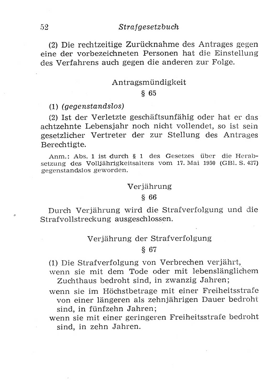 Strafgesetzbuch (StGB) und andere Strafgesetze [Deutsche Demokratische Republik (DDR)] 1957, Seite 52 (StGB Strafges. DDR 1957, S. 52)