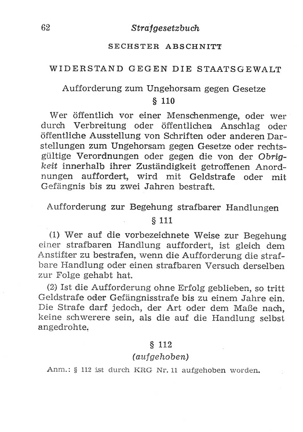 Strafgesetzbuch (StGB) und andere Strafgesetze [Deutsche Demokratische Republik (DDR)] 1957, Seite 62 (StGB Strafges. DDR 1957, S. 62)