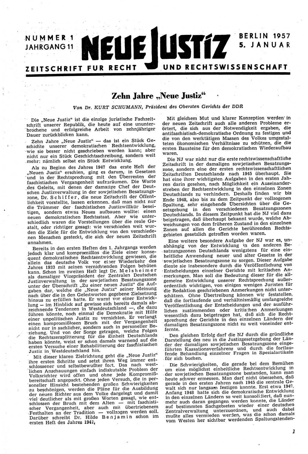 Neue Justiz (NJ), Zeitschrift für Recht und Rechtswissenschaft [Deutsche Demokratische Republik (DDR)], 11. Jahrgang 1957, Seite 1 (NJ DDR 1957, S. 1)