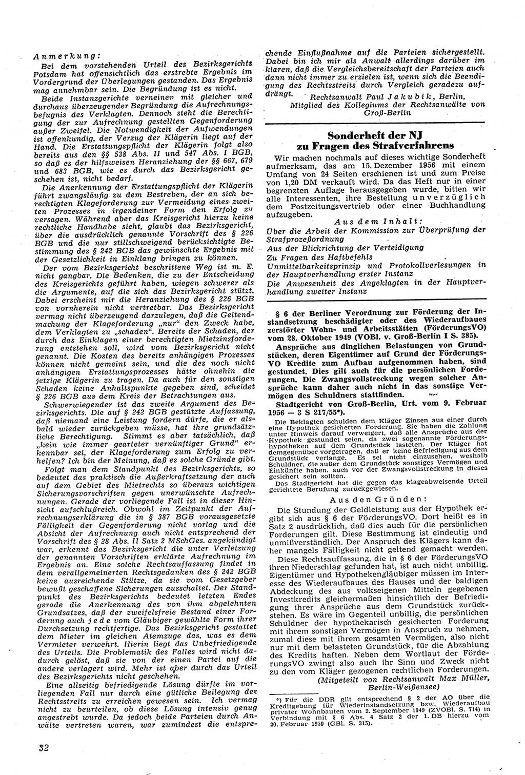 Neue Justiz (NJ), Zeitschrift für Recht und Rechtswissenschaft [Deutsche Demokratische Republik (DDR)], 11. Jahrgang 1957, Seite 32 (NJ DDR 1957, S. 32)