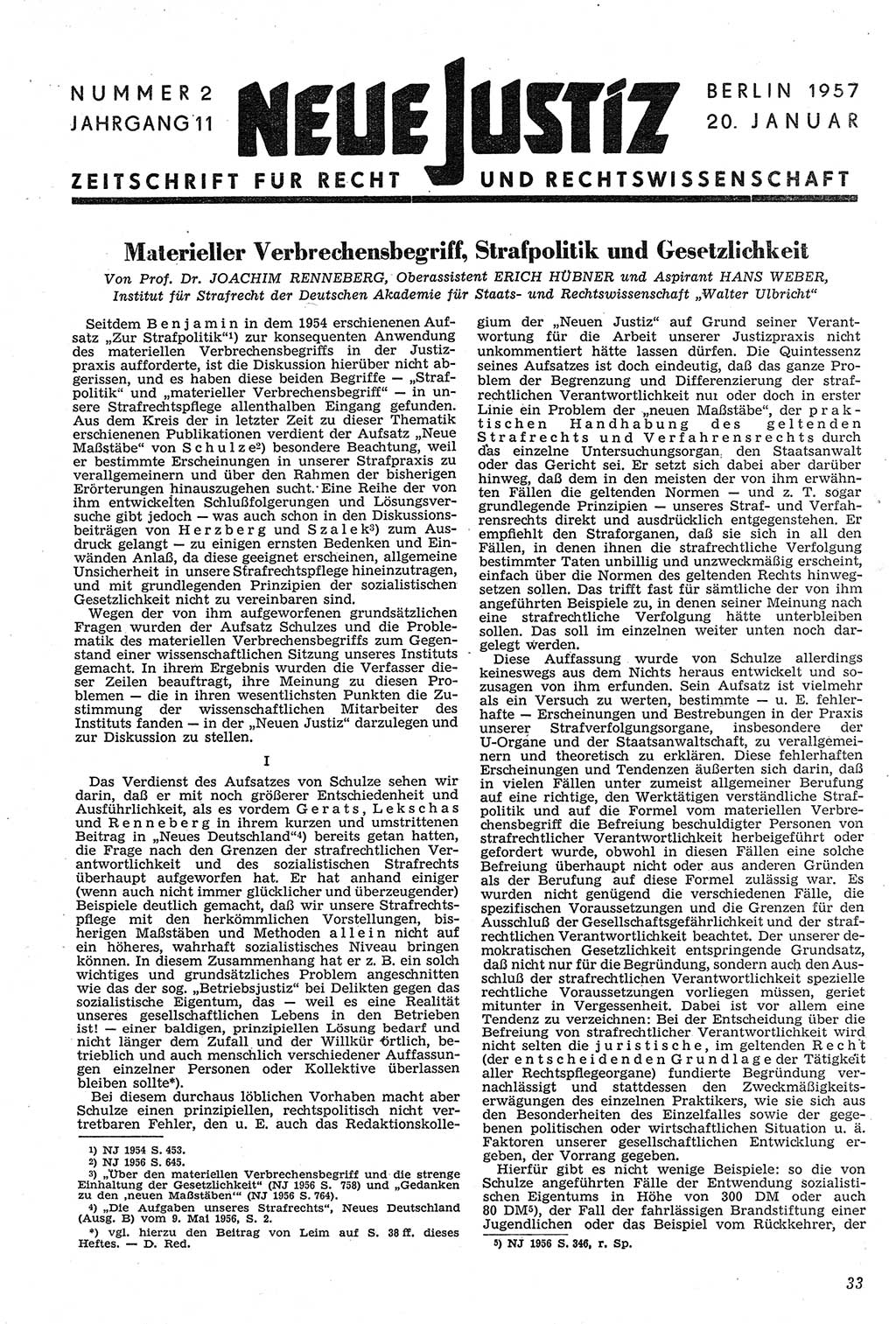 Neue Justiz (NJ), Zeitschrift für Recht und Rechtswissenschaft [Deutsche Demokratische Republik (DDR)], 11. Jahrgang 1957, Seite 33 (NJ DDR 1957, S. 33)