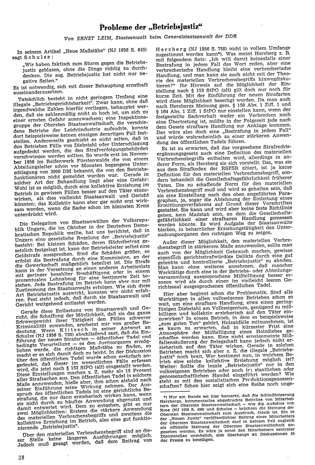 Neue Justiz (NJ), Zeitschrift für Recht und Rechtswissenschaft [Deutsche Demokratische Republik (DDR)], 11. Jahrgang 1957, Seite 38 (NJ DDR 1957, S. 38)