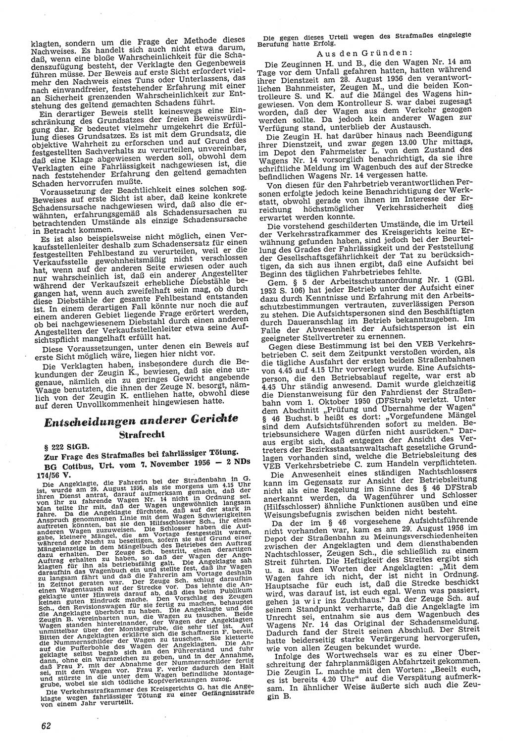 Neue Justiz (NJ), Zeitschrift für Recht und Rechtswissenschaft [Deutsche Demokratische Republik (DDR)], 11. Jahrgang 1957, Seite 62 (NJ DDR 1957, S. 62)