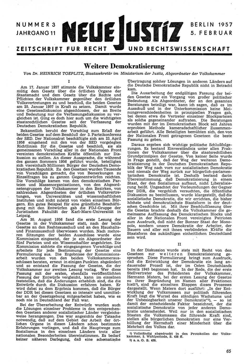 Neue Justiz (NJ), Zeitschrift für Recht und Rechtswissenschaft [Deutsche Demokratische Republik (DDR)], 11. Jahrgang 1957, Seite 65 (NJ DDR 1957, S. 65)