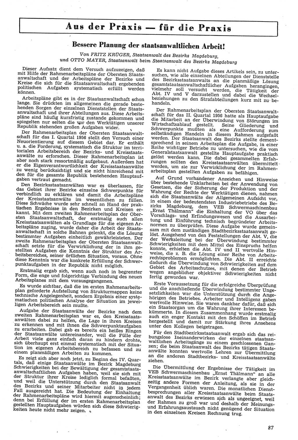 Neue Justiz (NJ), Zeitschrift für Recht und Rechtswissenschaft [Deutsche Demokratische Republik (DDR)], 11. Jahrgang 1957, Seite 87 (NJ DDR 1957, S. 87)
