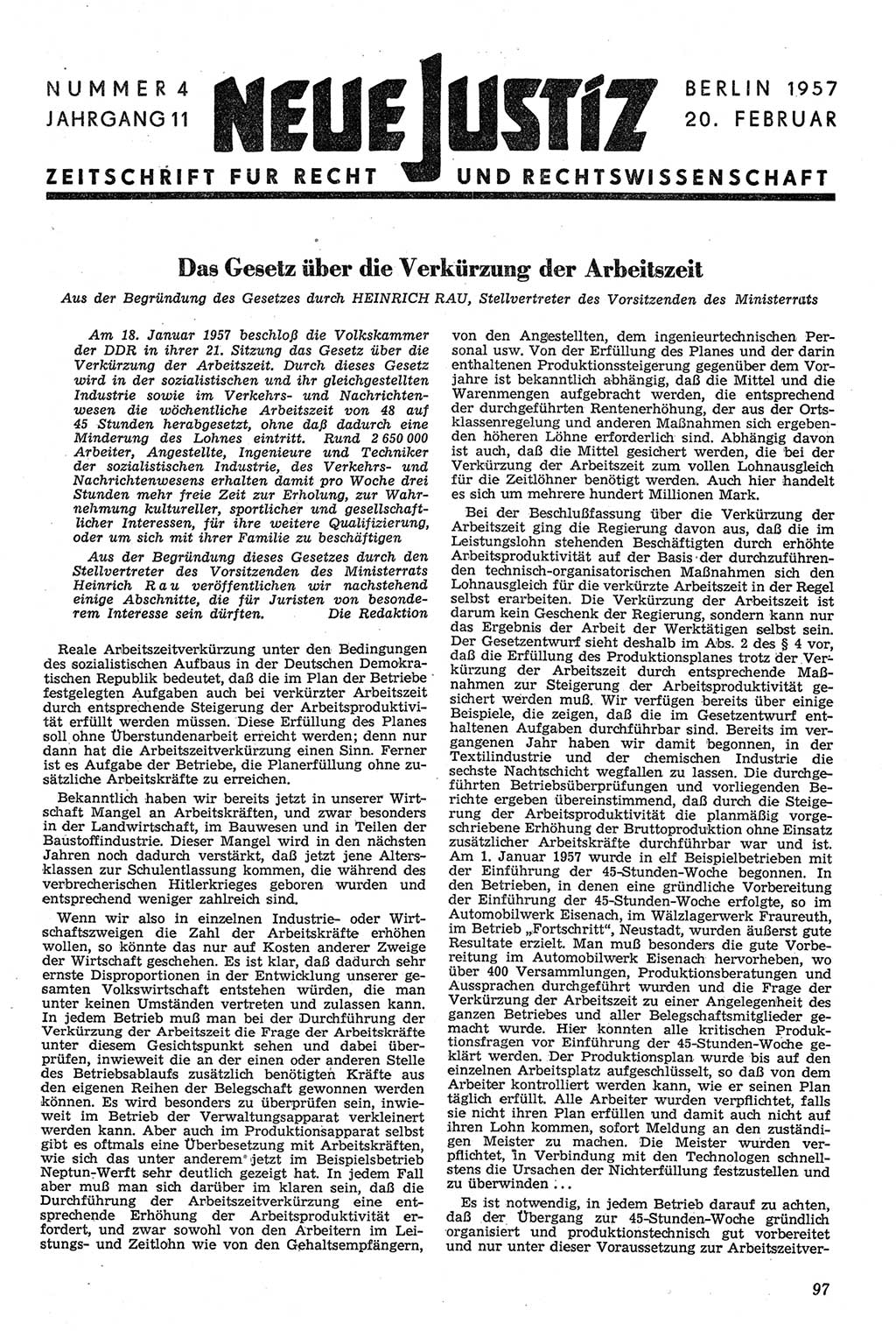 Neue Justiz (NJ), Zeitschrift für Recht und Rechtswissenschaft [Deutsche Demokratische Republik (DDR)], 11. Jahrgang 1957, Seite 97 (NJ DDR 1957, S. 97)
