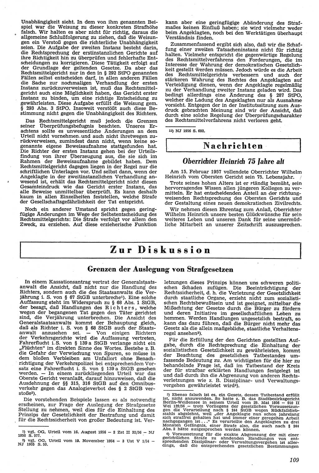 Neue Justiz (NJ), Zeitschrift für Recht und Rechtswissenschaft [Deutsche Demokratische Republik (DDR)], 11. Jahrgang 1957, Seite 109 (NJ DDR 1957, S. 109)