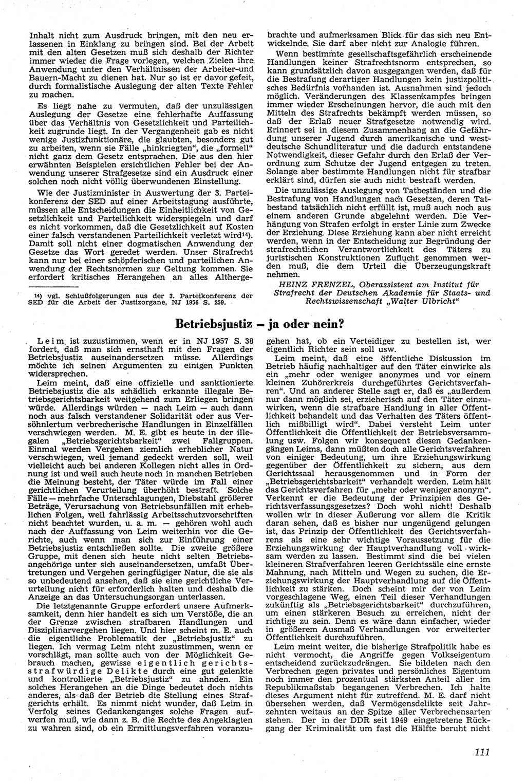 Neue Justiz (NJ), Zeitschrift für Recht und Rechtswissenschaft [Deutsche Demokratische Republik (DDR)], 11. Jahrgang 1957, Seite 111 (NJ DDR 1957, S. 111)
