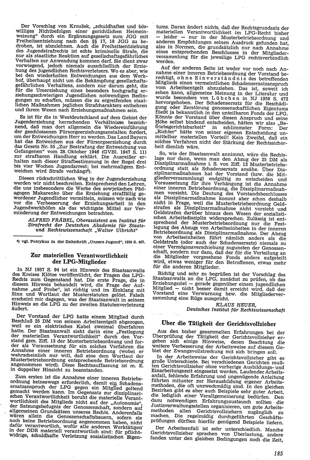 Neue Justiz (NJ), Zeitschrift für Recht und Rechtswissenschaft [Deutsche Demokratische Republik (DDR)], 11. Jahrgang 1957, Seite 185 (NJ DDR 1957, S. 185)