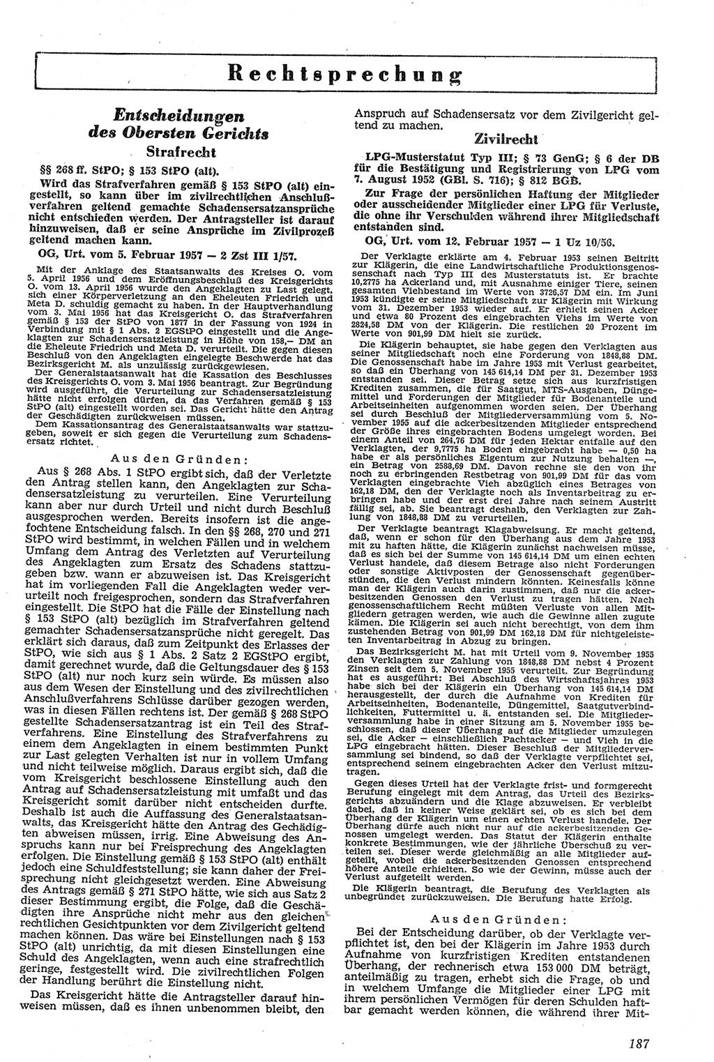 Neue Justiz (NJ), Zeitschrift für Recht und Rechtswissenschaft [Deutsche Demokratische Republik (DDR)], 11. Jahrgang 1957, Seite 187 (NJ DDR 1957, S. 187)