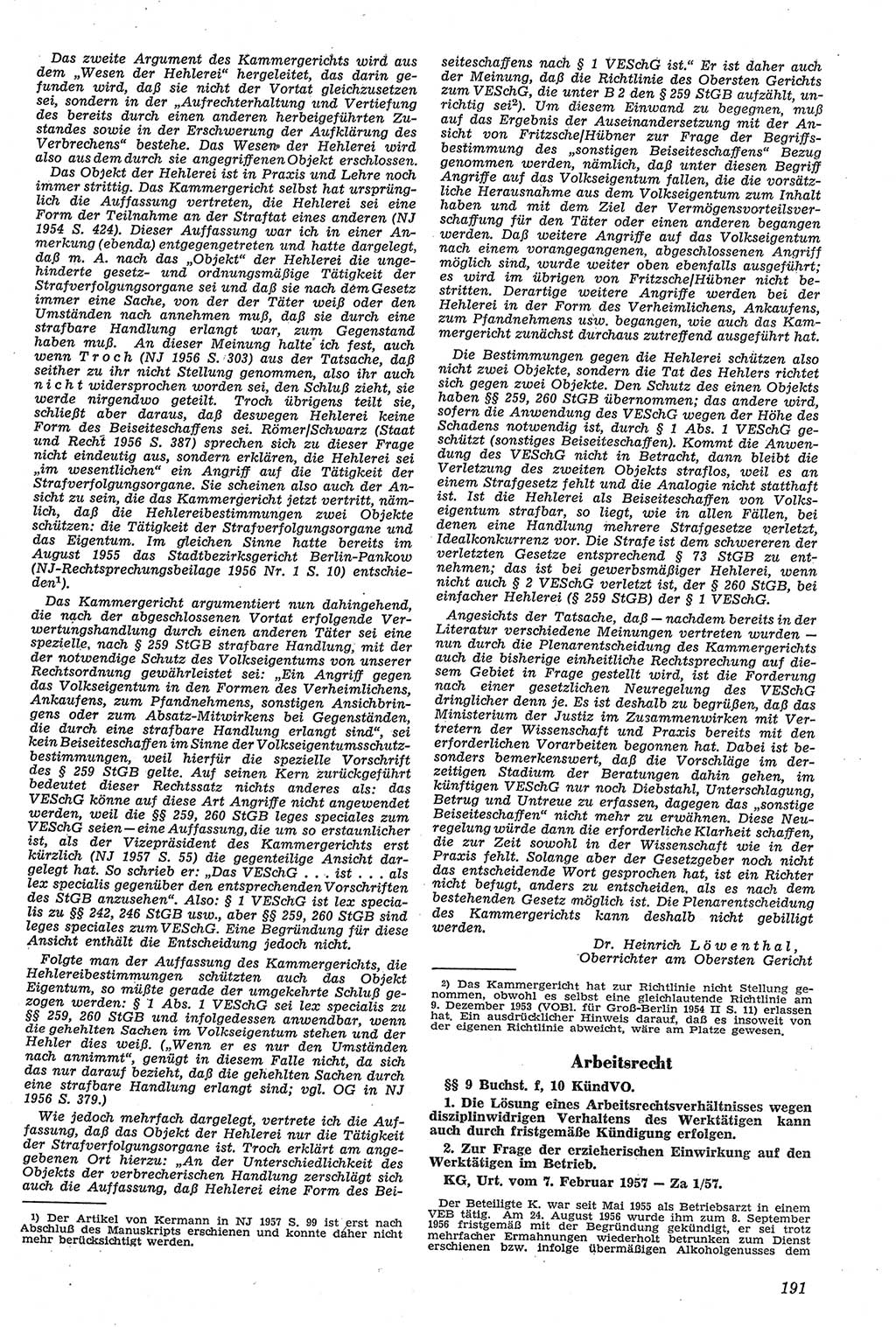 Neue Justiz (NJ), Zeitschrift für Recht und Rechtswissenschaft [Deutsche Demokratische Republik (DDR)], 11. Jahrgang 1957, Seite 191 (NJ DDR 1957, S. 191)