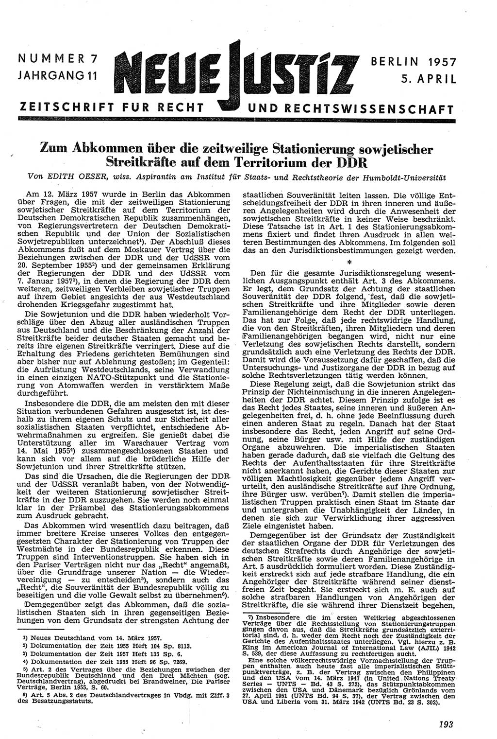 Neue Justiz (NJ), Zeitschrift für Recht und Rechtswissenschaft [Deutsche Demokratische Republik (DDR)], 11. Jahrgang 1957, Seite 193 (NJ DDR 1957, S. 193)