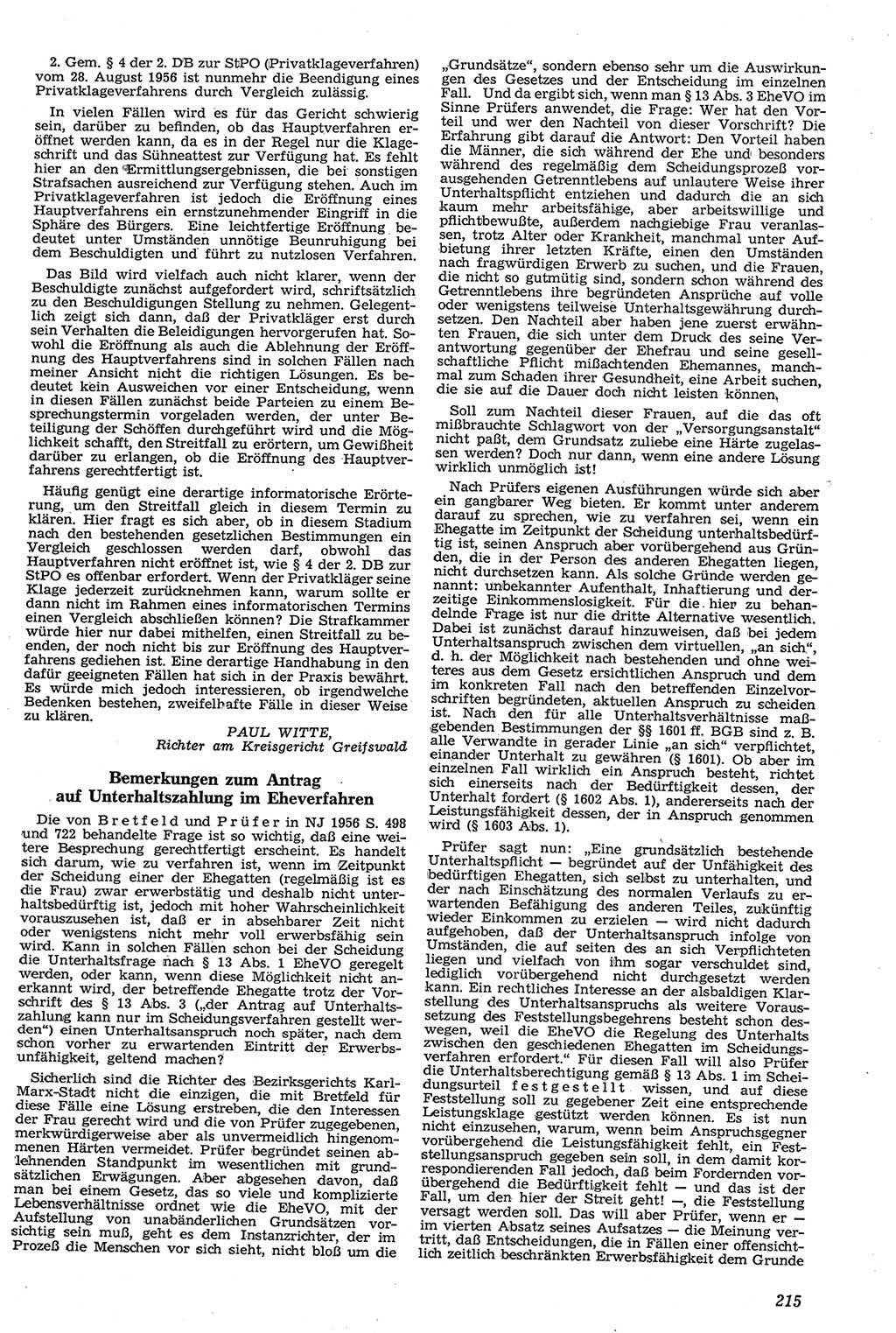 Neue Justiz (NJ), Zeitschrift für Recht und Rechtswissenschaft [Deutsche Demokratische Republik (DDR)], 11. Jahrgang 1957, Seite 215 (NJ DDR 1957, S. 215)