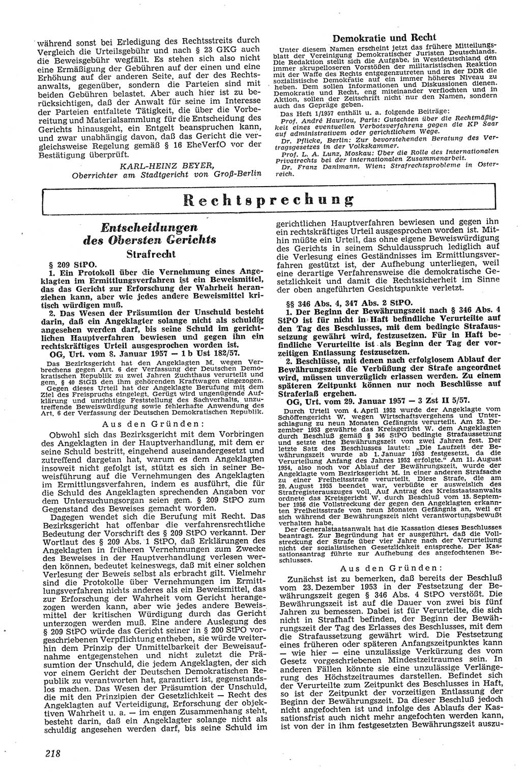 Neue Justiz (NJ), Zeitschrift für Recht und Rechtswissenschaft [Deutsche Demokratische Republik (DDR)], 11. Jahrgang 1957, Seite 218 (NJ DDR 1957, S. 218)