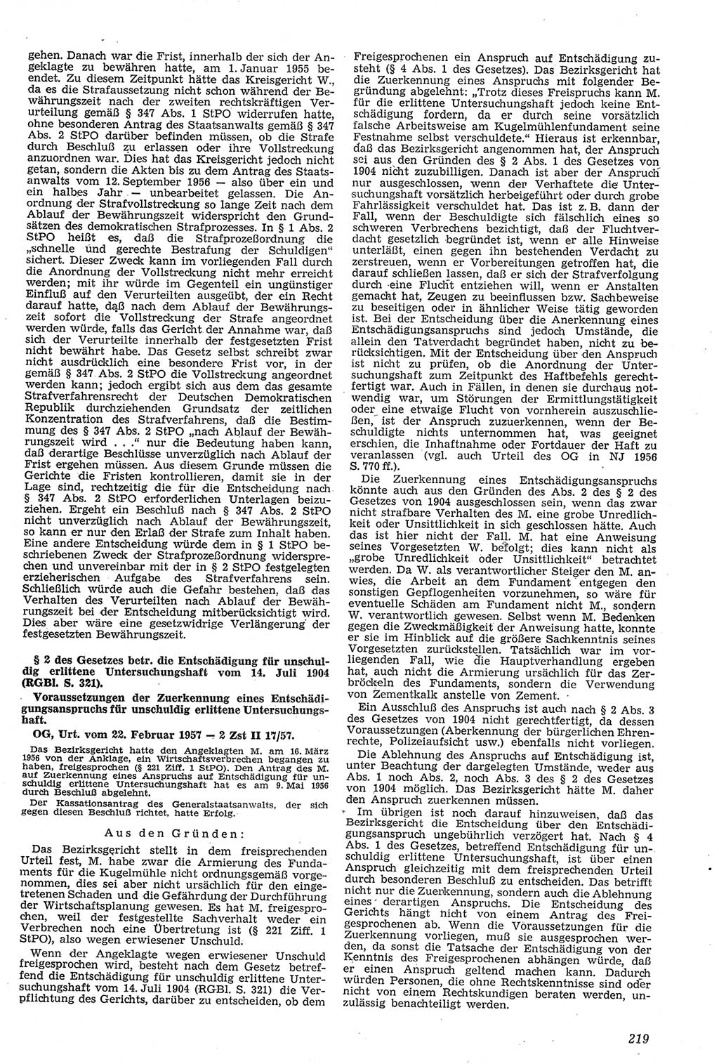 Neue Justiz (NJ), Zeitschrift für Recht und Rechtswissenschaft [Deutsche Demokratische Republik (DDR)], 11. Jahrgang 1957, Seite 219 (NJ DDR 1957, S. 219)