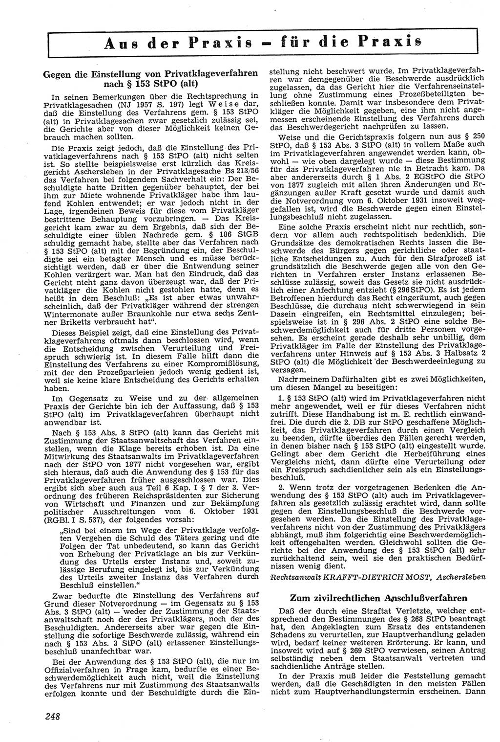 Neue Justiz (NJ), Zeitschrift für Recht und Rechtswissenschaft [Deutsche Demokratische Republik (DDR)], 11. Jahrgang 1957, Seite 248 (NJ DDR 1957, S. 248)