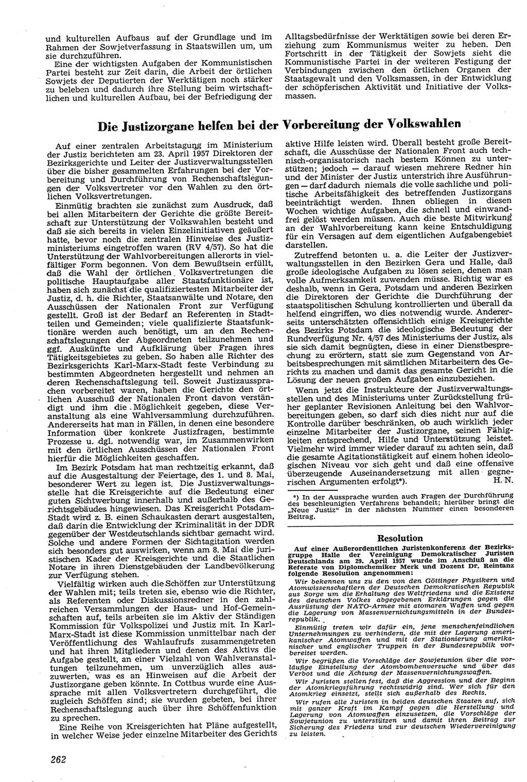Neue Justiz (NJ), Zeitschrift für Recht und Rechtswissenschaft [Deutsche Demokratische Republik (DDR)], 11. Jahrgang 1957, Seite 262 (NJ DDR 1957, S. 262)