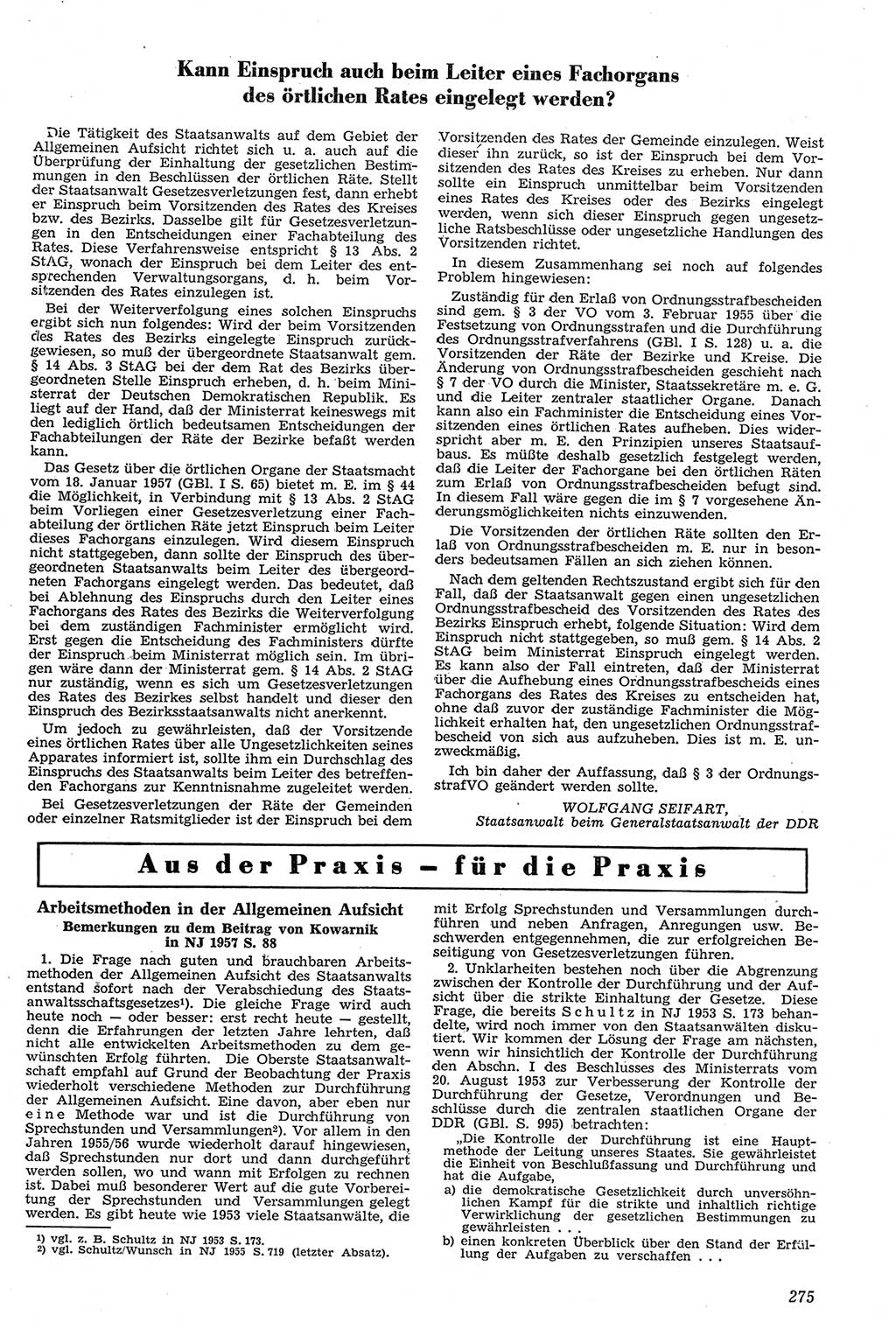 Neue Justiz (NJ), Zeitschrift für Recht und Rechtswissenschaft [Deutsche Demokratische Republik (DDR)], 11. Jahrgang 1957, Seite 275 (NJ DDR 1957, S. 275)