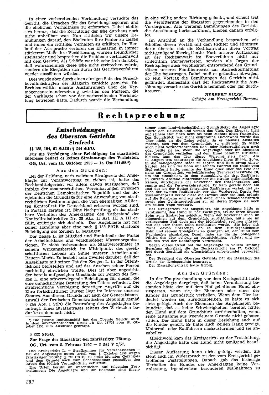Neue Justiz (NJ), Zeitschrift für Recht und Rechtswissenschaft [Deutsche Demokratische Republik (DDR)], 11. Jahrgang 1957, Seite 282 (NJ DDR 1957, S. 282)