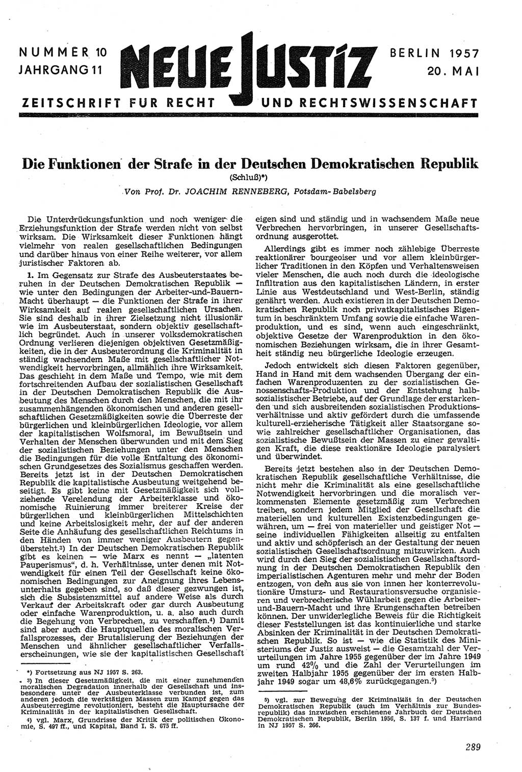 Neue Justiz (NJ), Zeitschrift für Recht und Rechtswissenschaft [Deutsche Demokratische Republik (DDR)], 11. Jahrgang 1957, Seite 289 (NJ DDR 1957, S. 289)