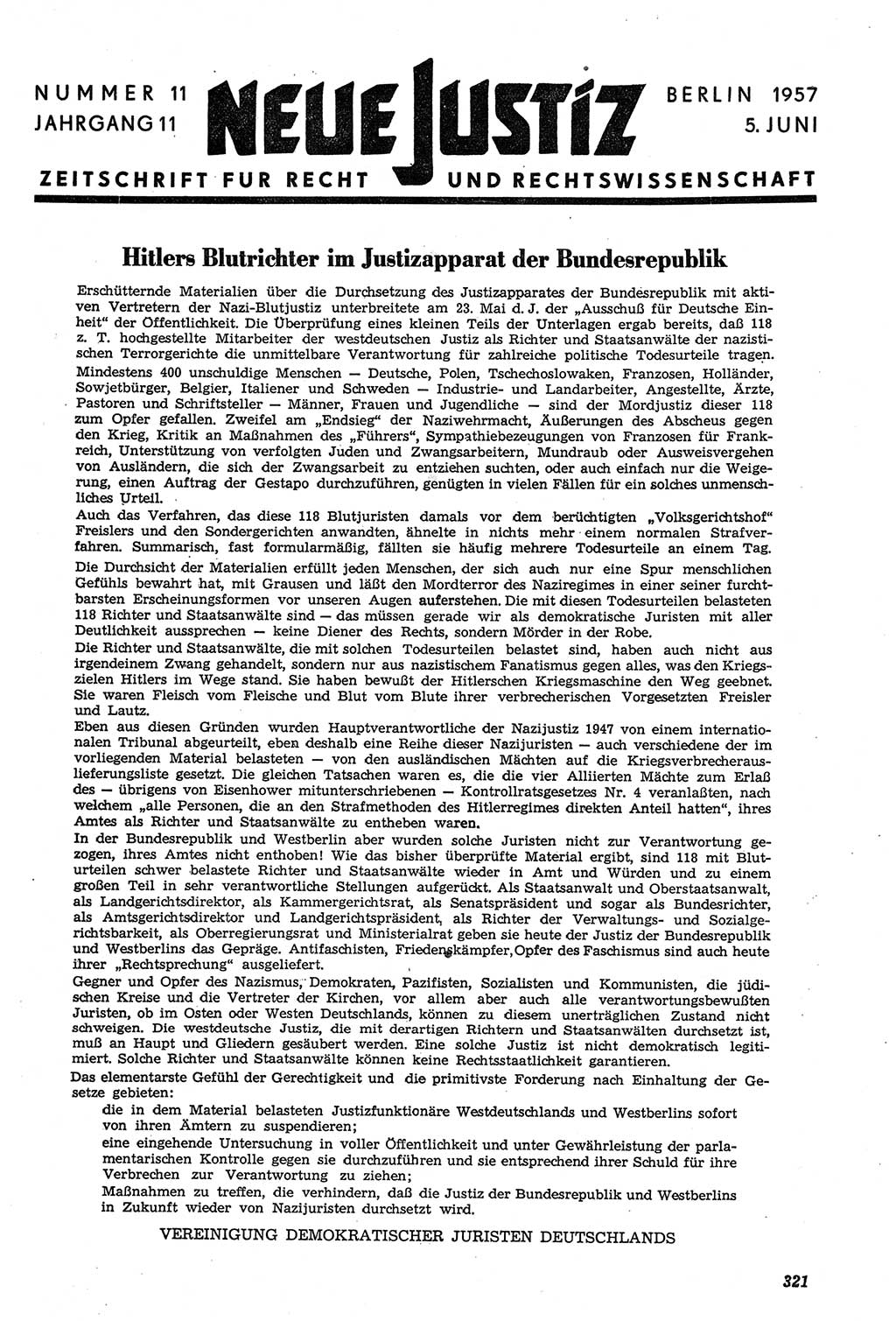 Neue Justiz (NJ), Zeitschrift für Recht und Rechtswissenschaft [Deutsche Demokratische Republik (DDR)], 11. Jahrgang 1957, Seite 321 (NJ DDR 1957, S. 321)