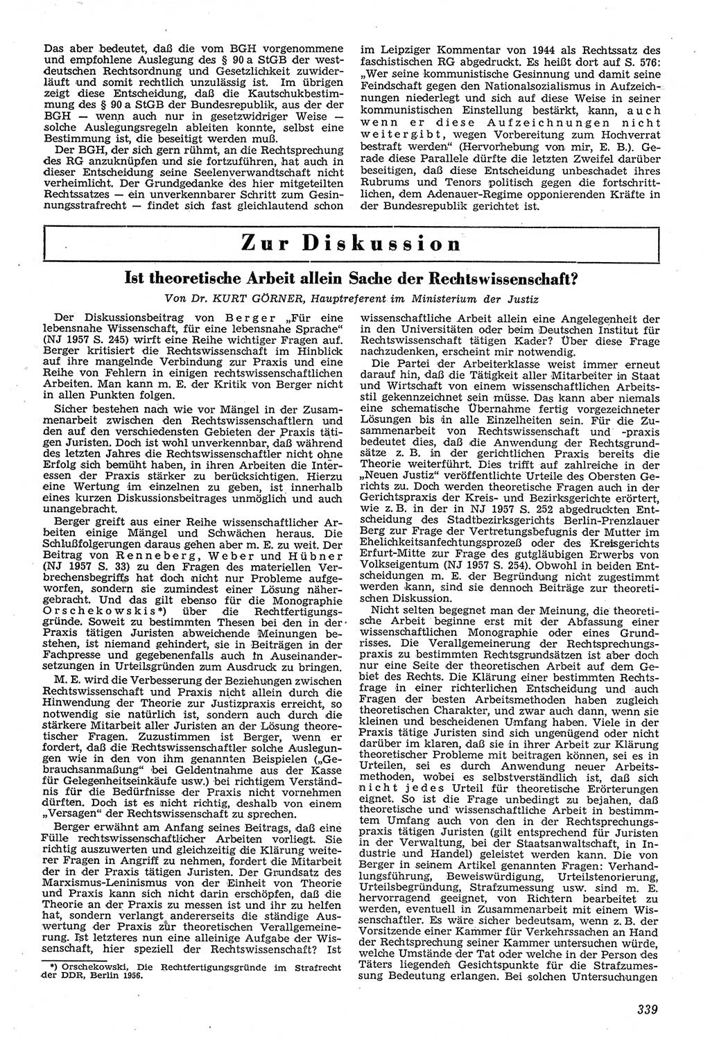 Neue Justiz (NJ), Zeitschrift für Recht und Rechtswissenschaft [Deutsche Demokratische Republik (DDR)], 11. Jahrgang 1957, Seite 339 (NJ DDR 1957, S. 339)
