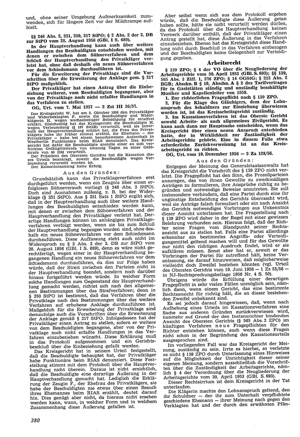 Neue Justiz (NJ), Zeitschrift für Recht und Rechtswissenschaft [Deutsche Demokratische Republik (DDR)], 11. Jahrgang 1957, Seite 380 (NJ DDR 1957, S. 380)