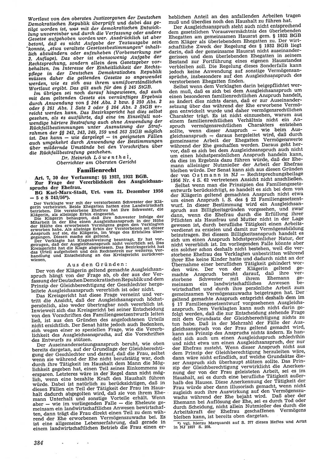 Neue Justiz (NJ), Zeitschrift für Recht und Rechtswissenschaft [Deutsche Demokratische Republik (DDR)], 11. Jahrgang 1957, Seite 384 (NJ DDR 1957, S. 384)