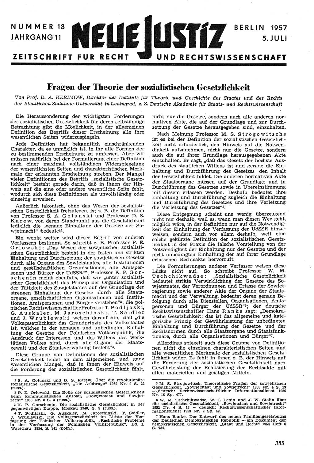 Neue Justiz (NJ), Zeitschrift für Recht und Rechtswissenschaft [Deutsche Demokratische Republik (DDR)], 11. Jahrgang 1957, Seite 385 (NJ DDR 1957, S. 385)