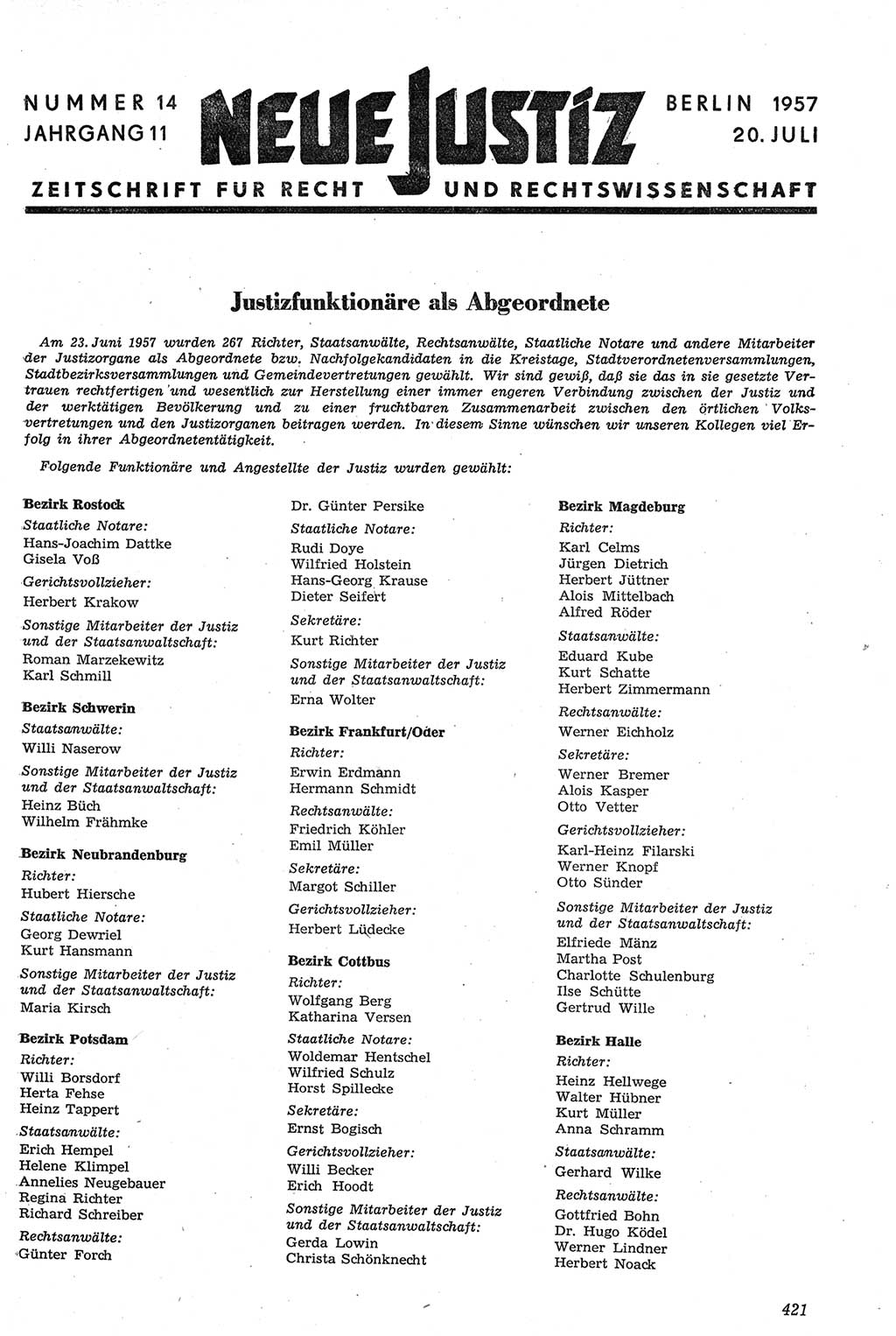 Neue Justiz (NJ), Zeitschrift für Recht und Rechtswissenschaft [Deutsche Demokratische Republik (DDR)], 11. Jahrgang 1957, Seite 421 (NJ DDR 1957, S. 421)