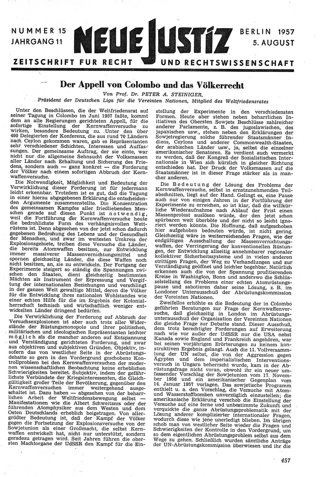 Neue Justiz (NJ), Zeitschrift für Recht und Rechtswissenschaft [Deutsche Demokratische Republik (DDR)], 11. Jahrgang 1957, Seite 457 (NJ DDR 1957, S. 457)